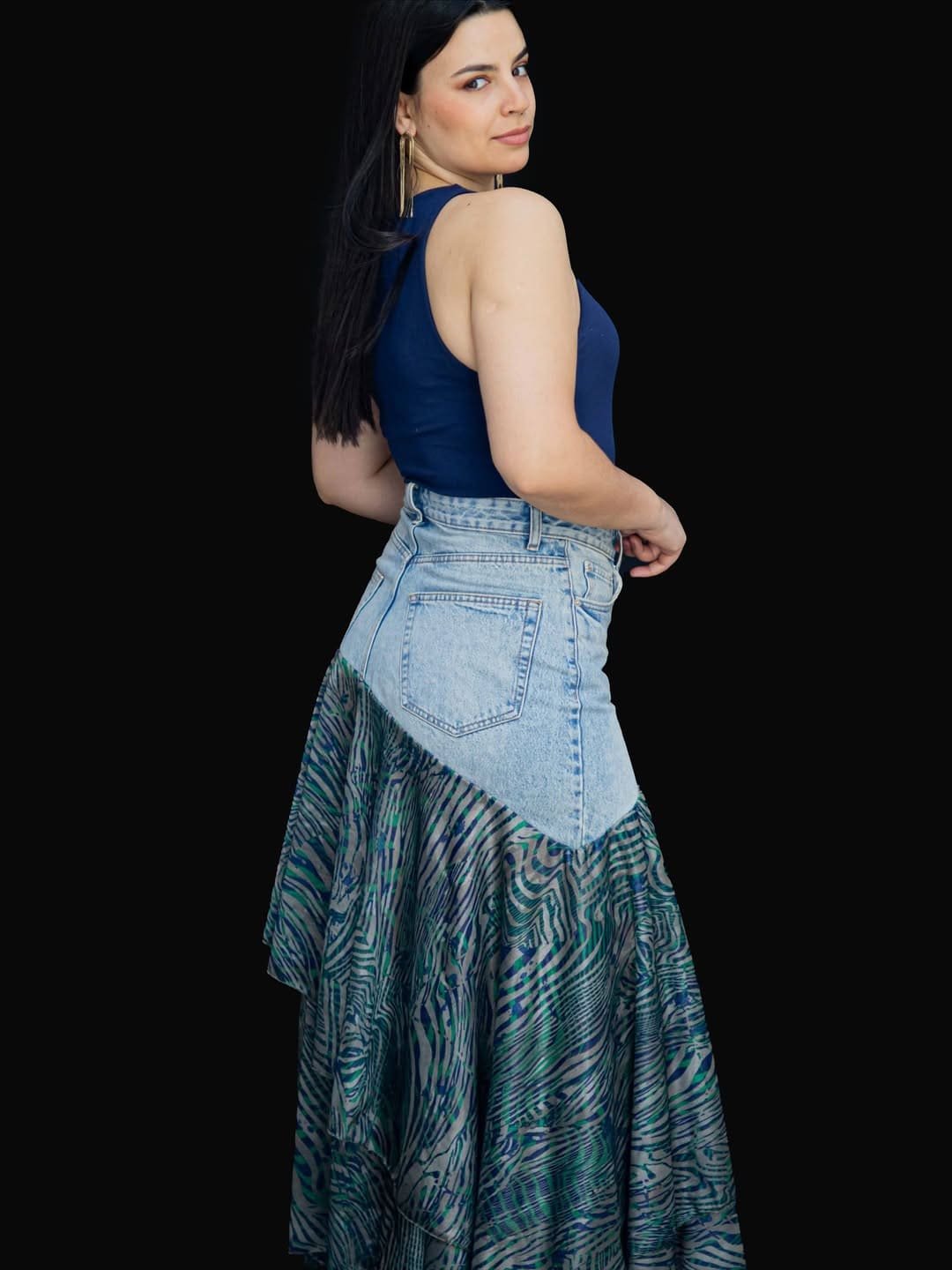 Falda en Jean y Gasa Estampada